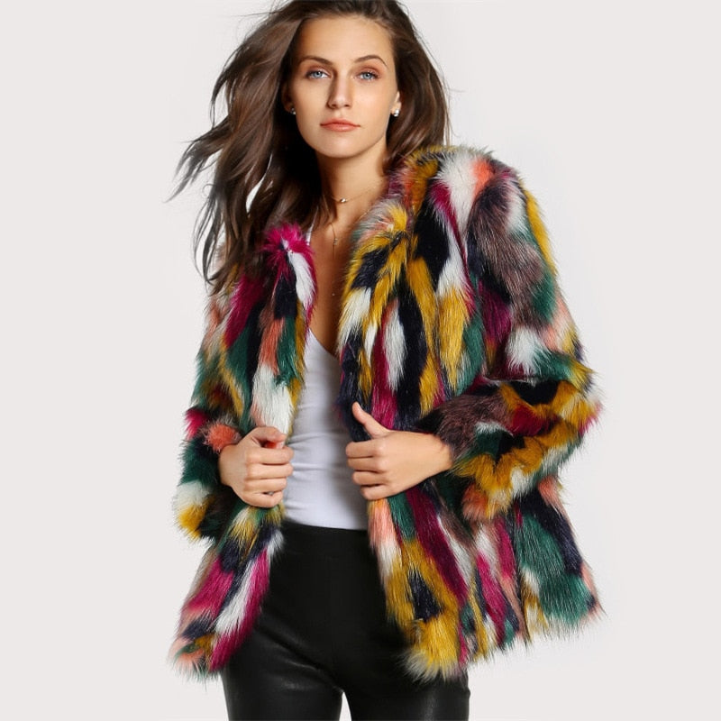 FurVogue: Winter color fur coats for women, featuring an elegant, colorful faux fur coat with brand fashion, long sleeves, and a collarless, casual design for a stylish and chic look.