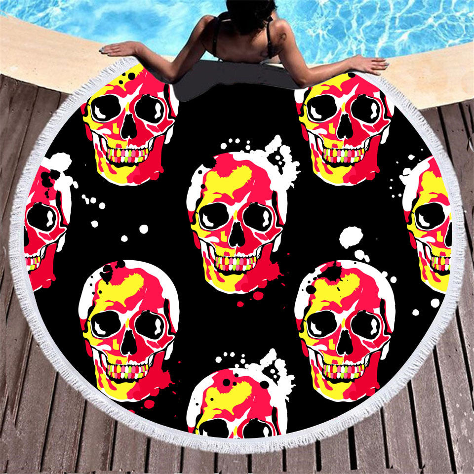 Skull print with tassel round beach towel