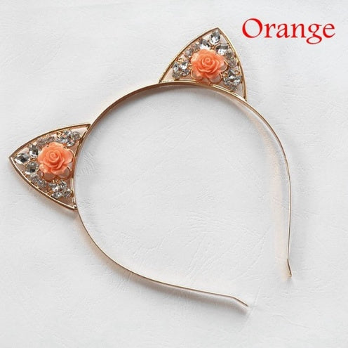 High Quality Cute Alloy Diamond Rose Cat Ears Headband Children Adult Headband