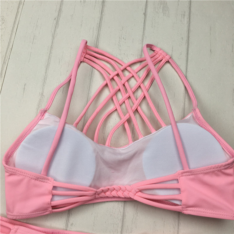 cut out Bikinis Sexy pink bandage cut out Halter bikini swimsuit women cross Women's swimwear swimming suit