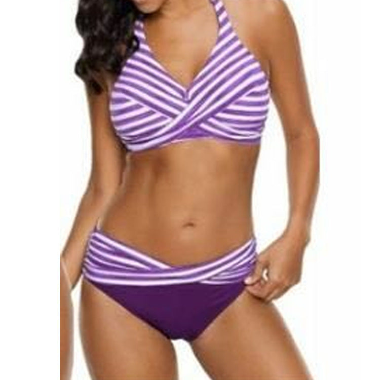 Women's Gather Bikini Navy Striped Split Swimsuit