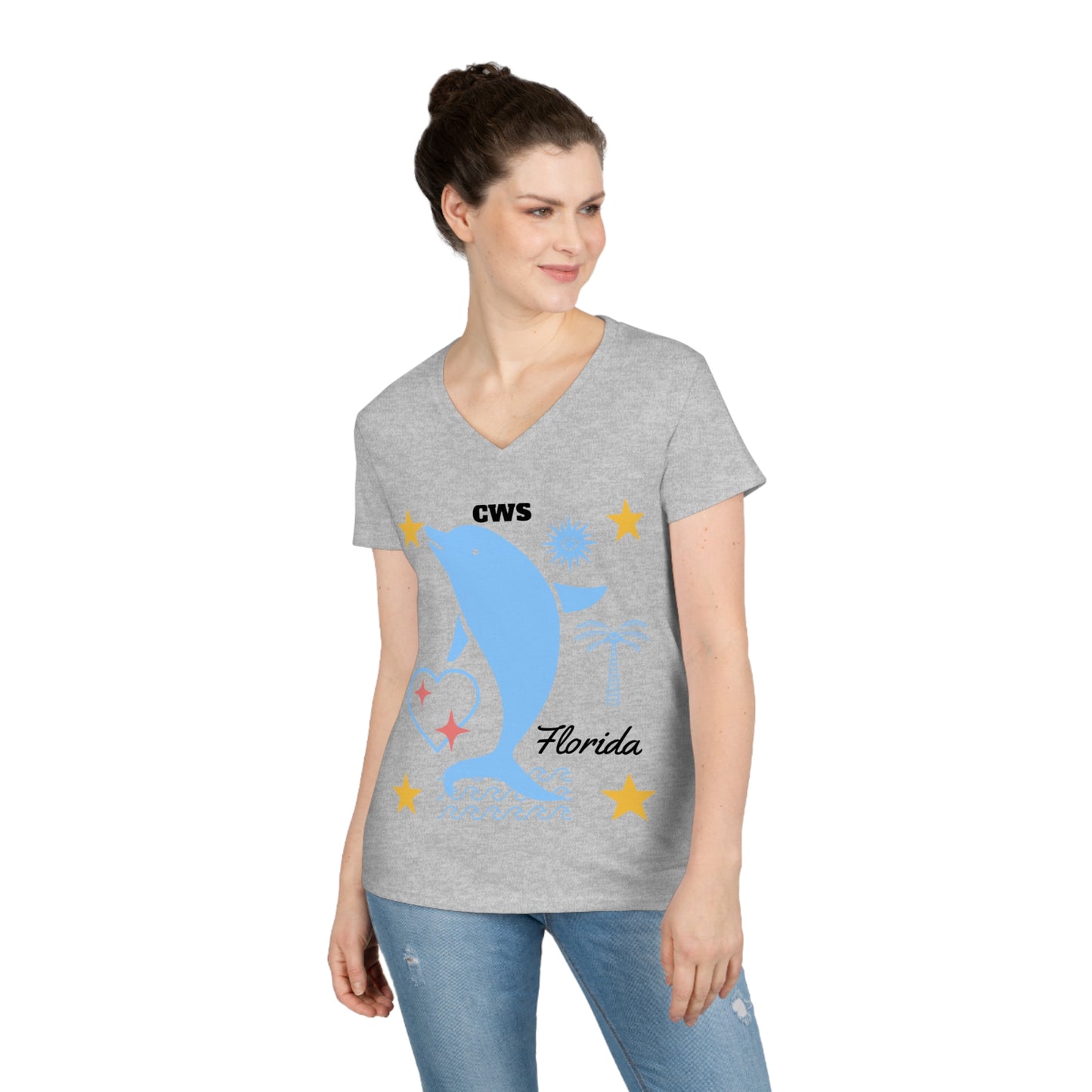 CWS Florida Dolphin Ladies' V-Neck T-Shirt By Cozy Winter Store (ships within USA only)