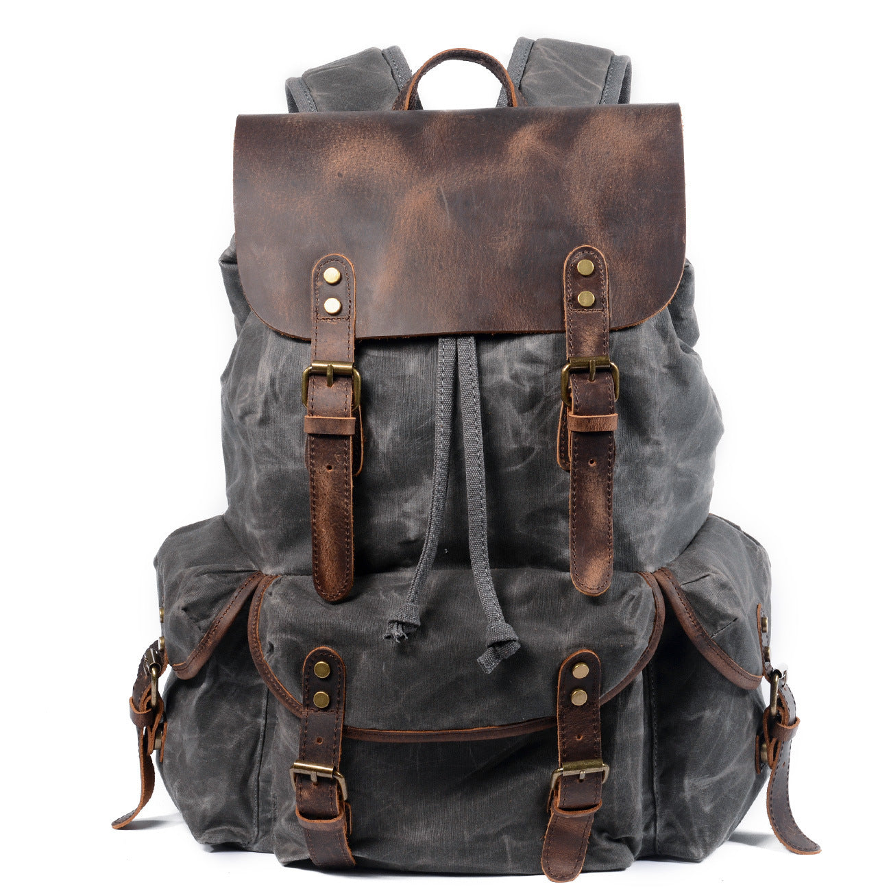 Student Rucksack Retro Backpack Drawstring Men Oil Wax Canvas Bag