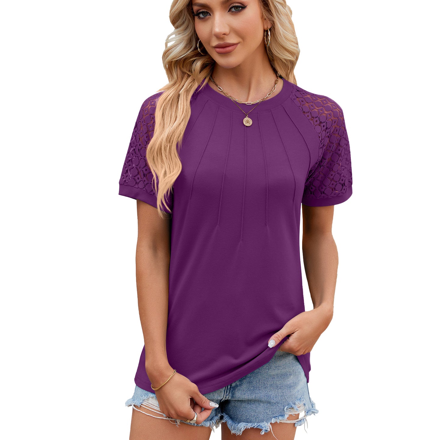 Summer Lady: Einfarbiges Rundhals-Top mit Spitzen-Höhlen-Design - Kurzarm-T-Shirt für Damen