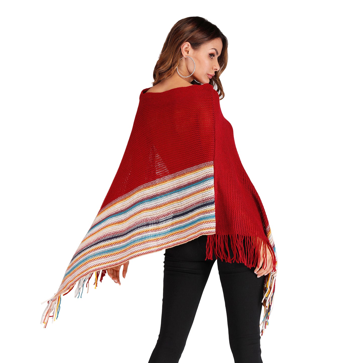 Fringed high neck color block shawl