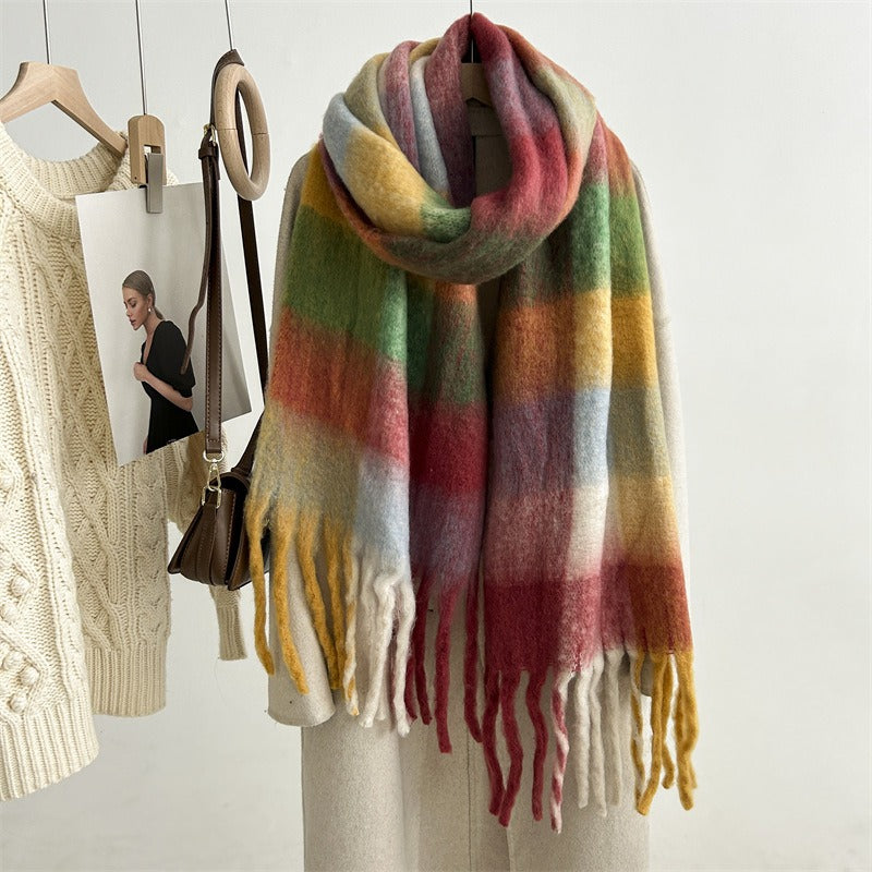 Autumn and winter new style mohair plaid scarf for women Dongdaemun fashion versatile extended tassel shawl scarf