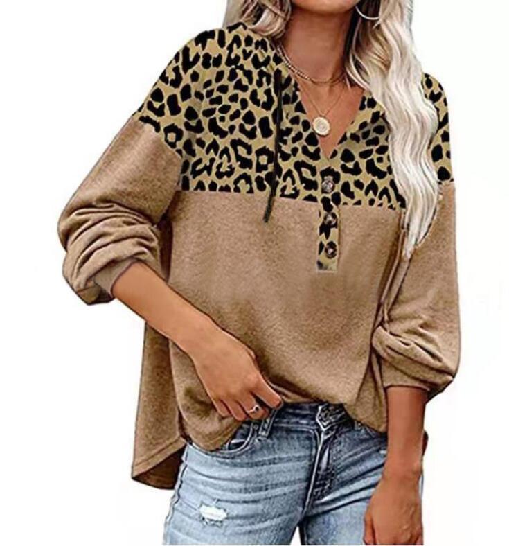 LeopardLuxe: Women's autumn-winter hoodie with leopard print patchwork, featuring a loose and casual long sleeve for chic comfort.