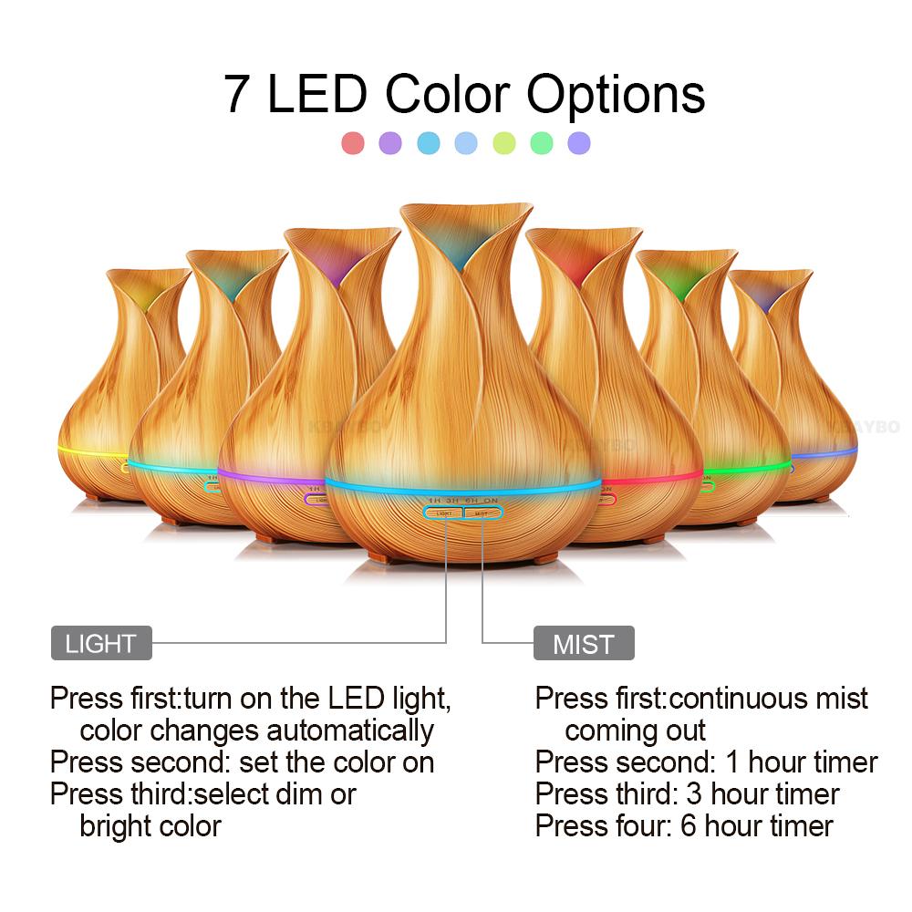 KBAYBO 400ml aromatyczny dyfuzor olejków eterycznych ultradźwiękowy nawilżacz powietrza z drewnianym ziarnem elektryczny LED Lights aroma dyfuzor dla domu