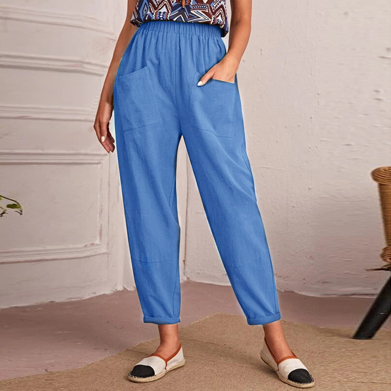 Women's Cotton Linen Elastic-waist Casual Pants