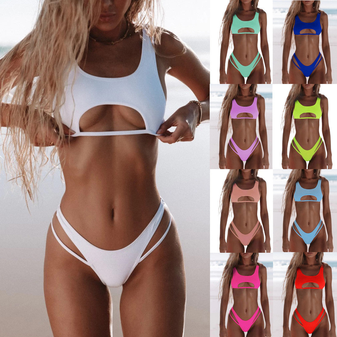 Bikini Women's Solid Color Split Swimsuit Hollow Snake Fabric Swimwear