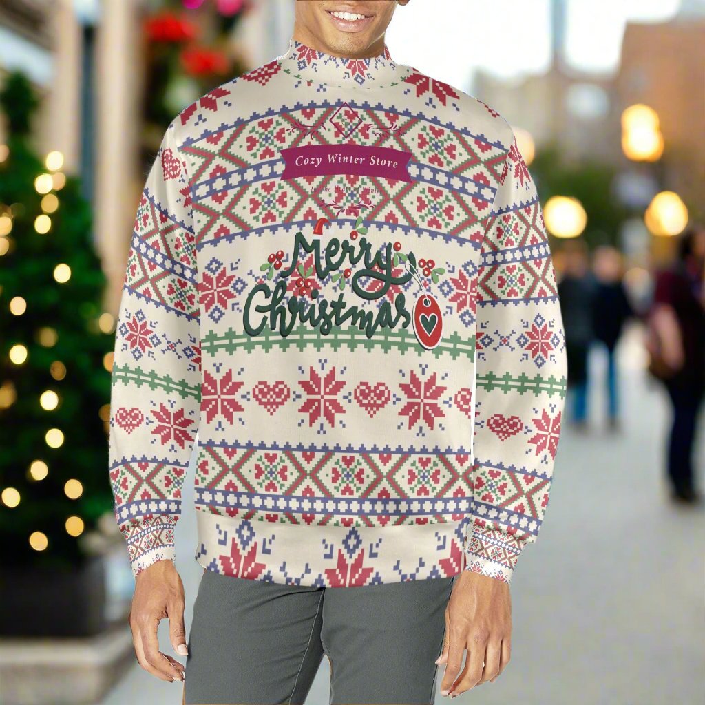 CWS Cozy Sweaters Men's All Over Print Mock Neck Festive Christmas Sweater by Cozy Winter Store