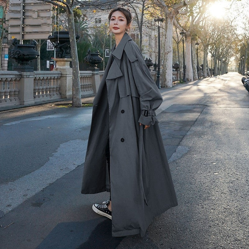 TrendEnsemble: Fashion long waist-wrapped trench coat for a stylish appearance.