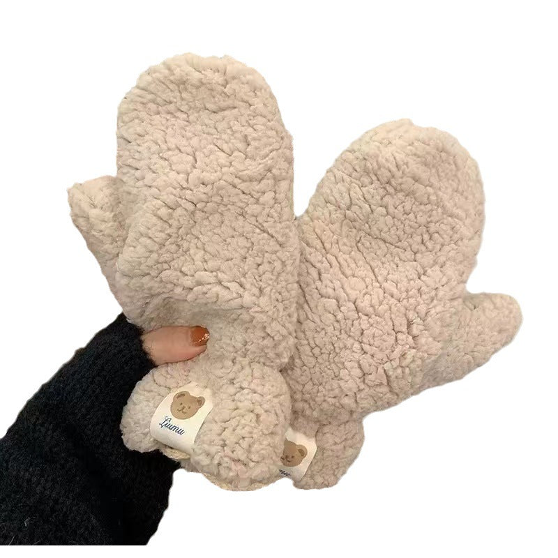 Winter Lambskin Bear Labeling Gloves Women's Halter