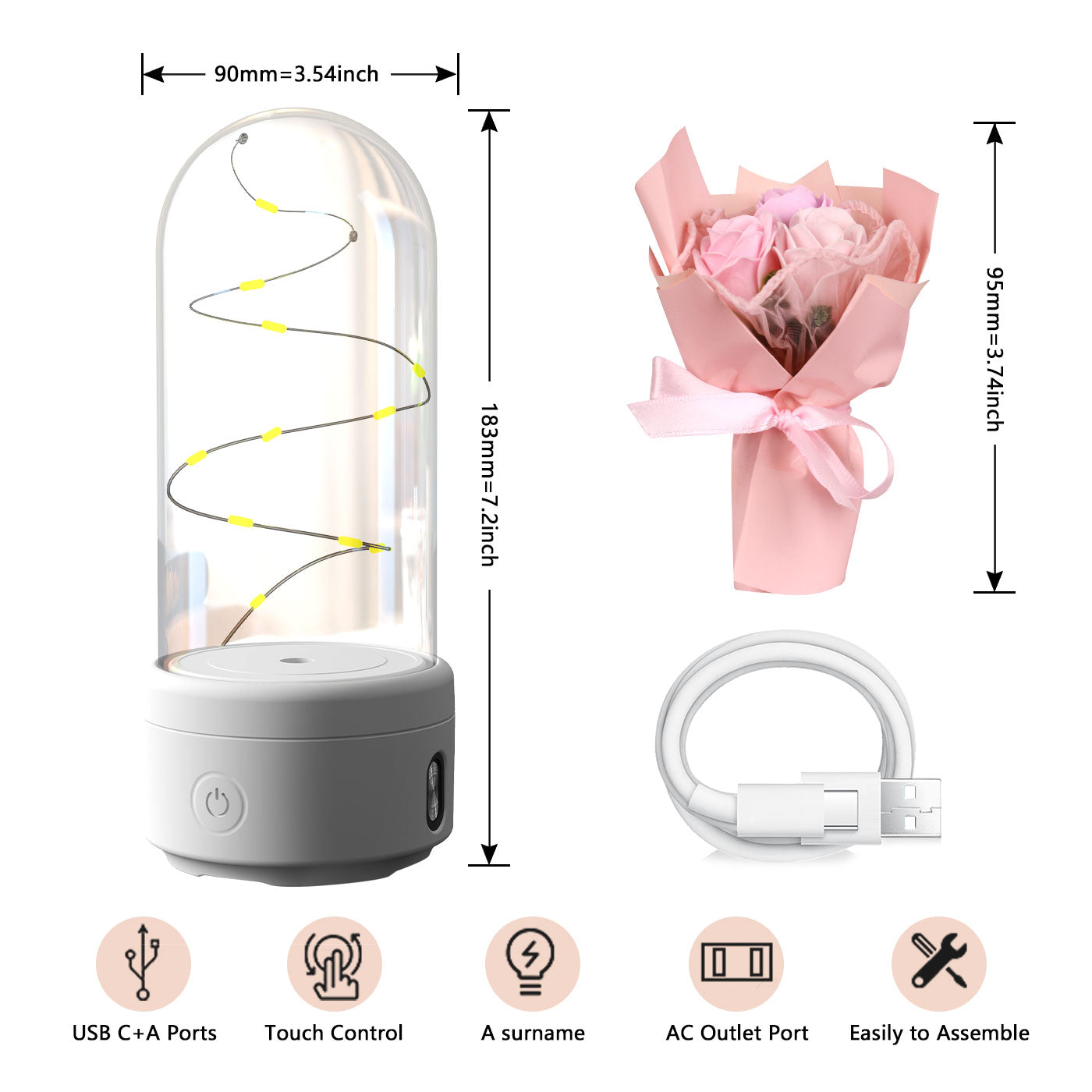 Kreatives 2-in-1-Blumenstrauß-LED-Licht und Bluetooth-Lautsprecher Muttertagsgeschenk Rose leuchtendes Nachtlicht-Ornament in Glasabdeckung