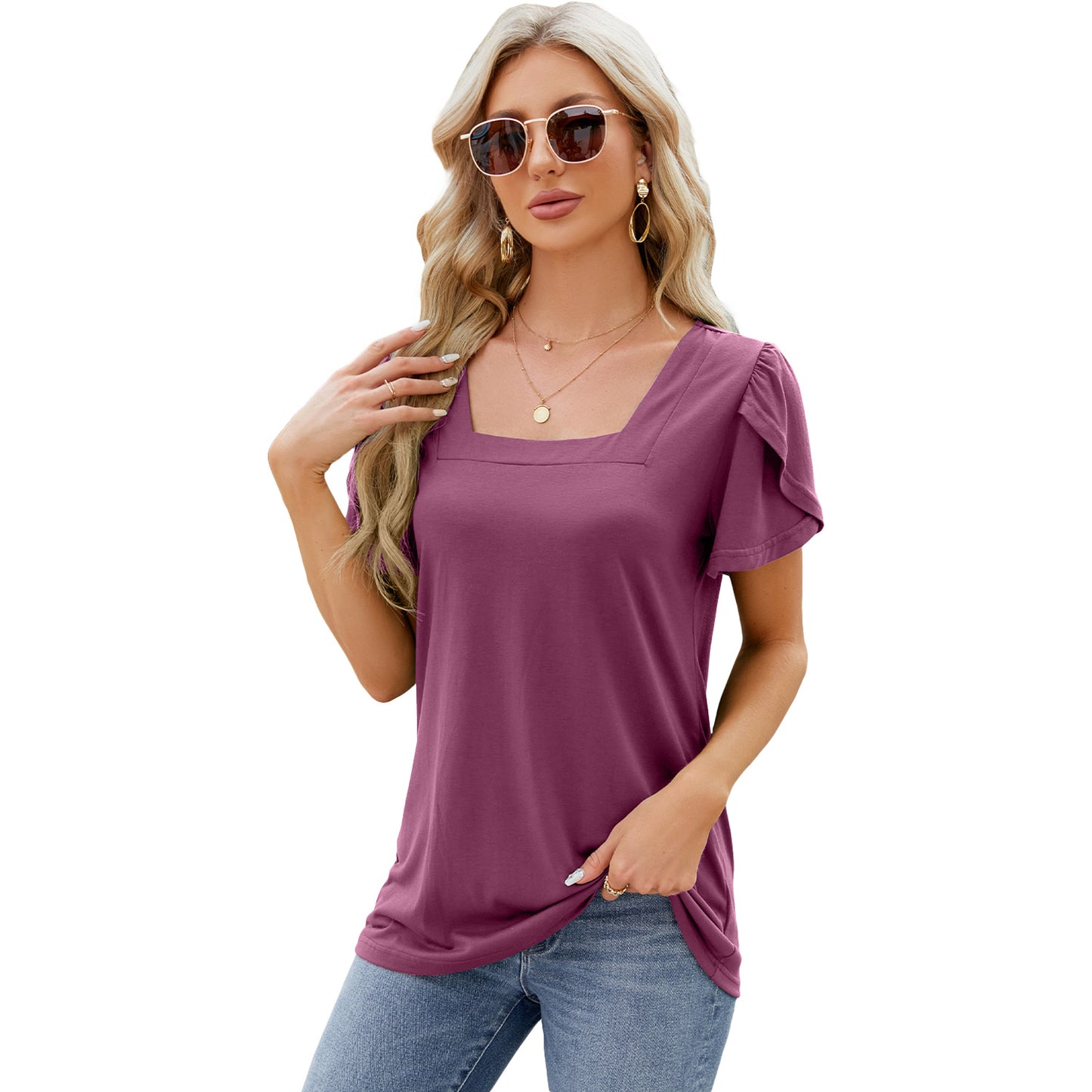 Boho Chic: Square Neck Printed Short-sleeved T-shirt with Petal Sleeve Design - Summer Top for Women's Beachwear