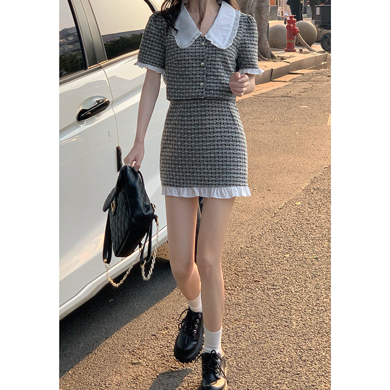 Suit Doll Collar Plaid Short-sleeved Shirt Gas Skirt