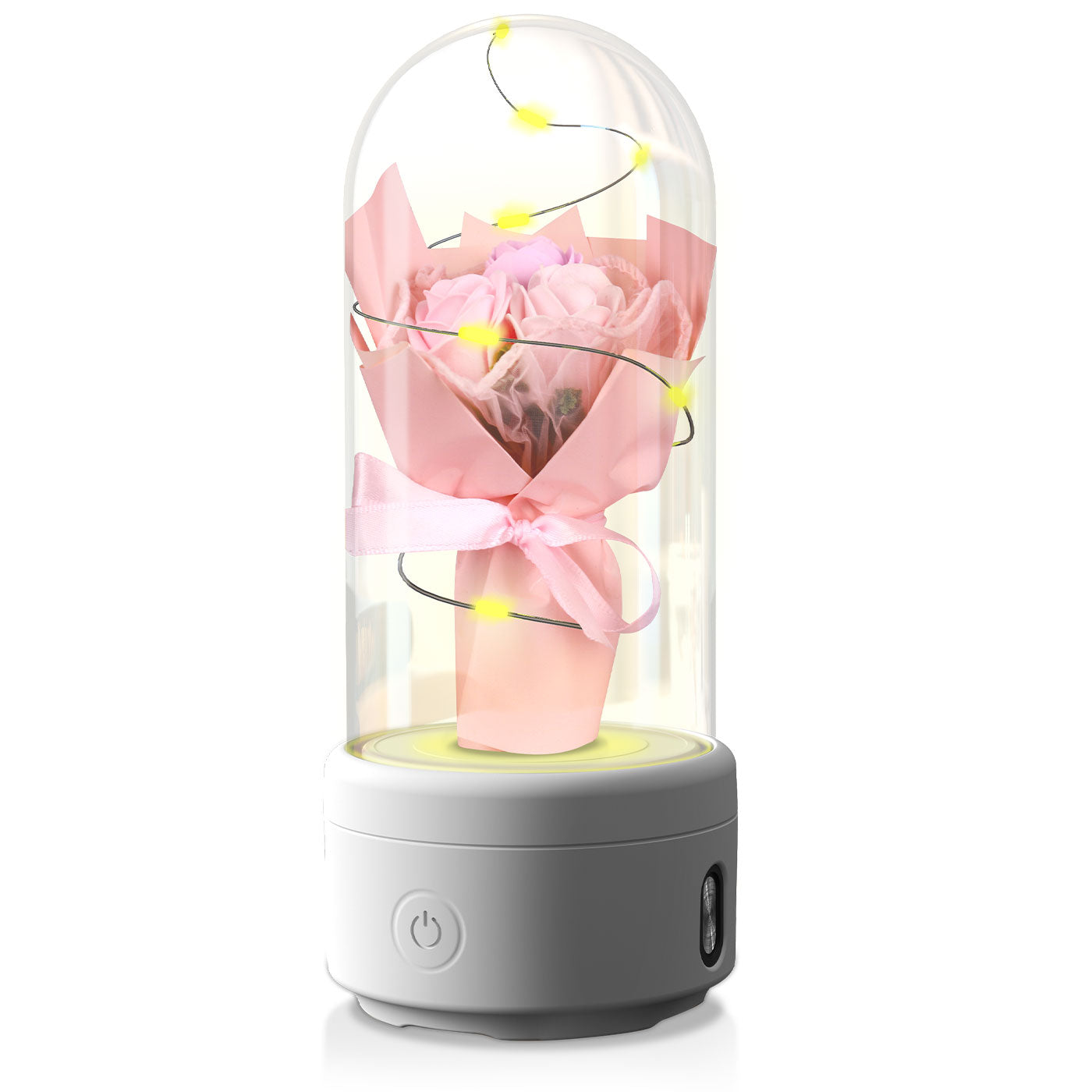 Kreatives 2-in-1-Blumenstrauß-LED-Licht und Bluetooth-Lautsprecher Muttertagsgeschenk Rose leuchtendes Nachtlicht-Ornament in Glasabdeckung