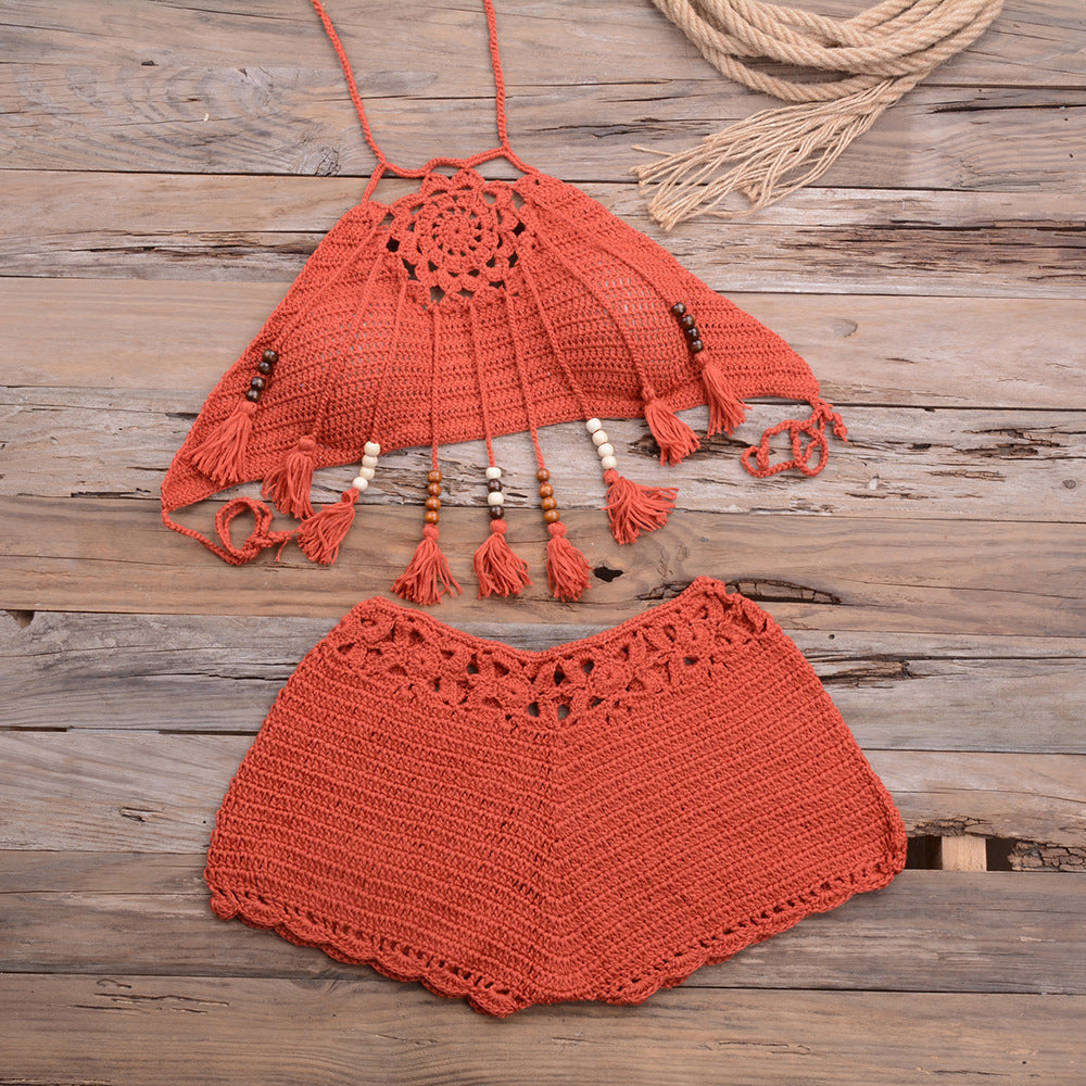 Beach Handmade Tassel Dangling Beads Top Boxer Shorts Split Swimsuit Suit