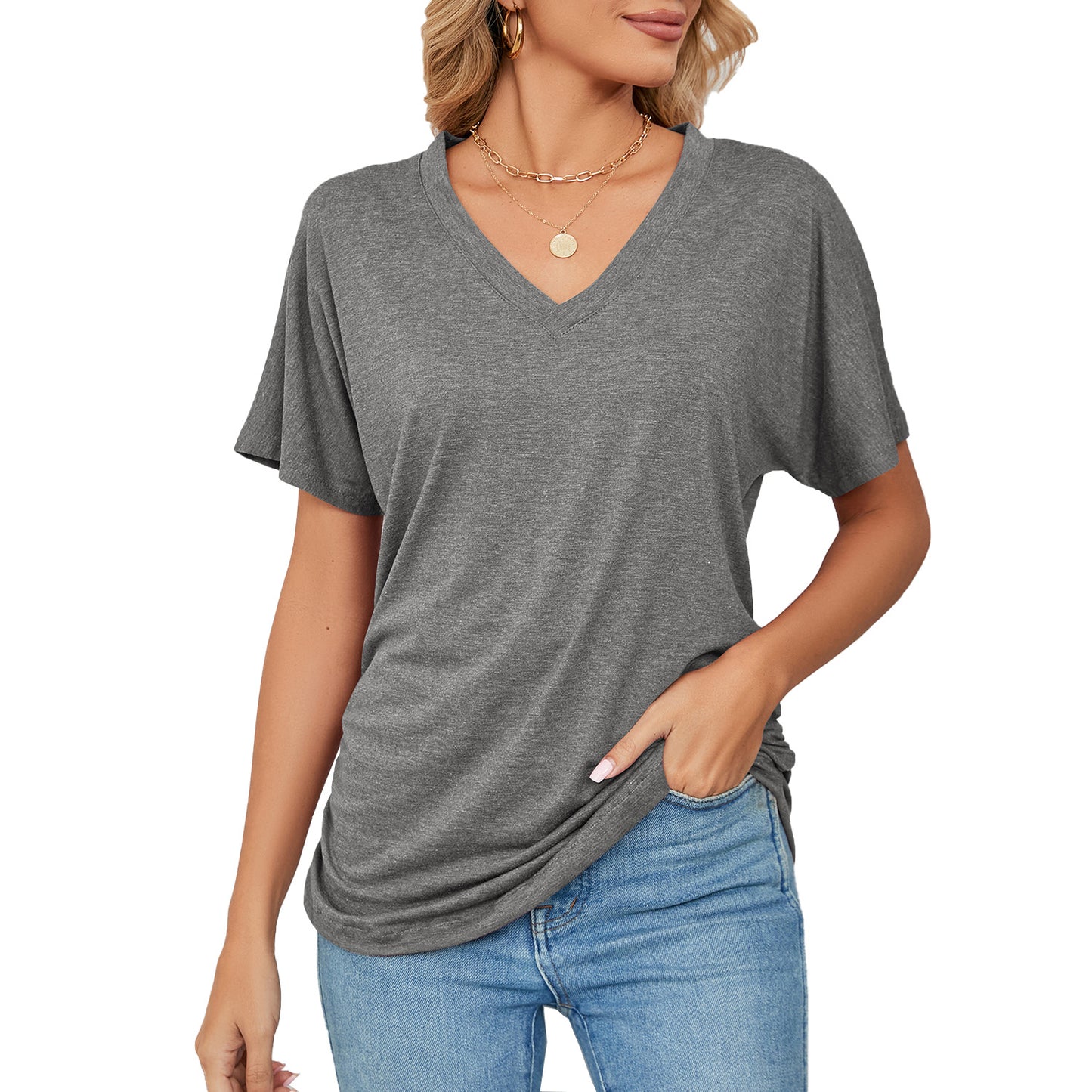 Relaxed Lady: V-neck Solid Color Loose T-shirt - Women's Leisure Pullover