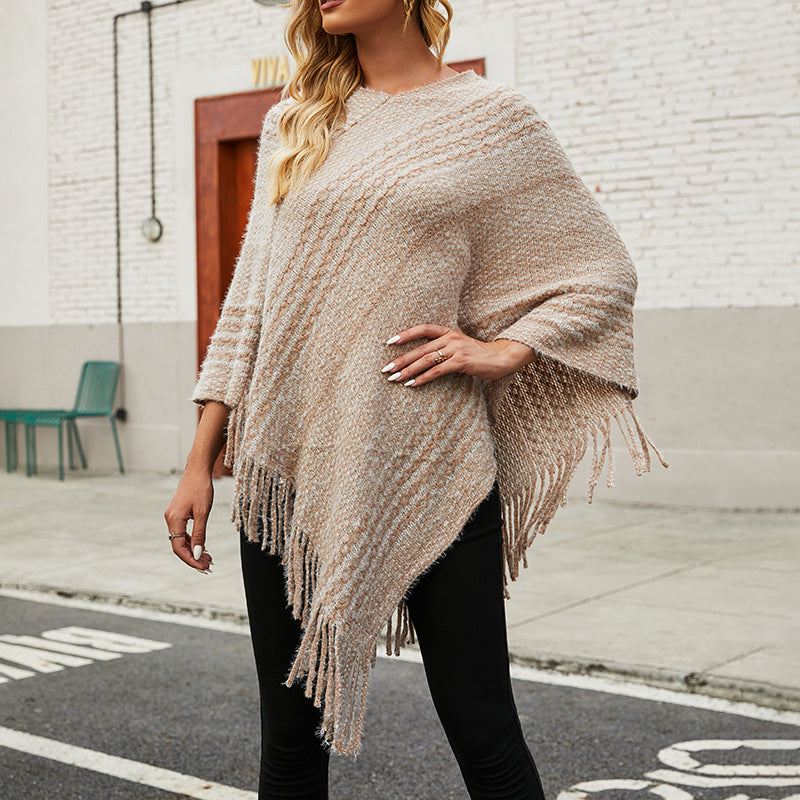 Striped Cape Shawl Fringed Sweater