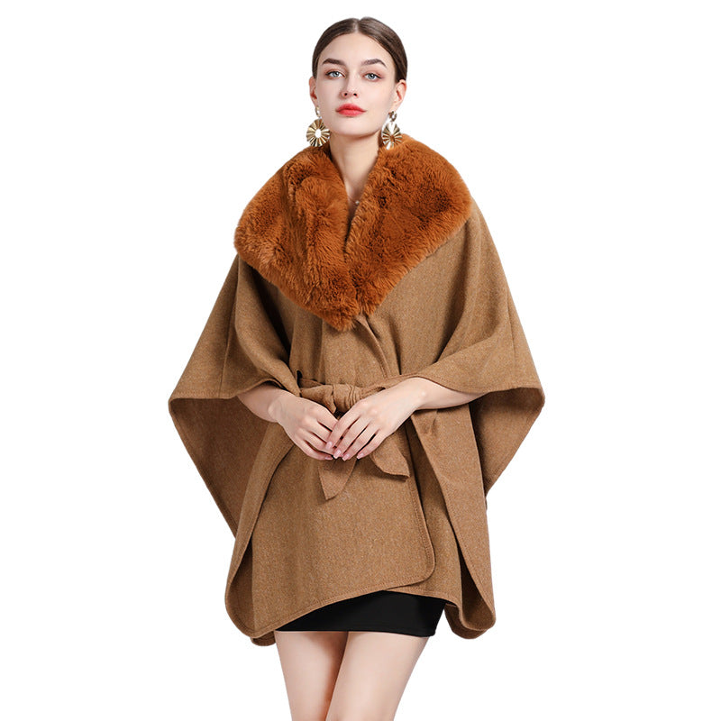 Faux Rex Rabbit Fur Collar Knit Shawl Cape