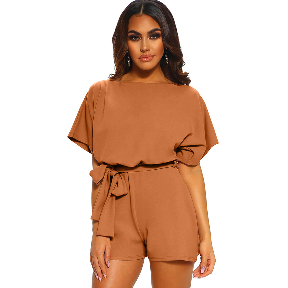 Kurzärmliger Jumpsuit mit Rundhalsausschnitt und Schnürung für Damen