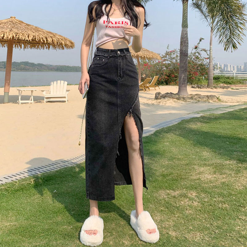 Irregular Slit Denim Skirt Female Ins Style Hot Girl Raw Edges Design