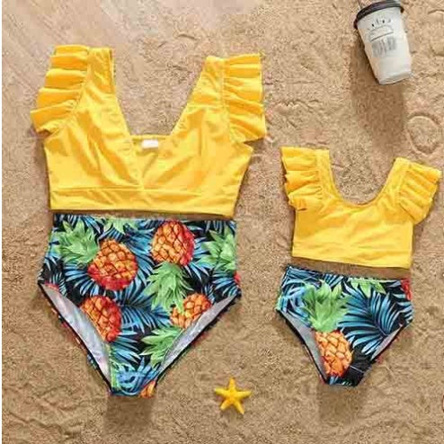 Parent-child Swimsuit Mother-daughter Suit Solid Color V-neck One-piece