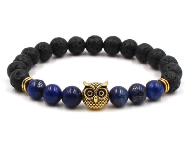 Foreign trade AliExpress best selling 8mm natural stone black lava volcanic stone bracelet gold alloy owl bracelet