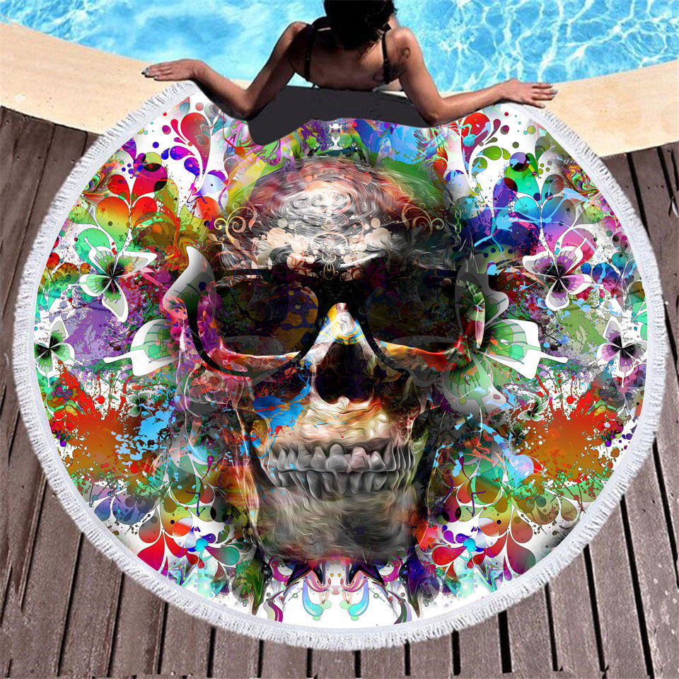 Skull print with tassel round beach towel