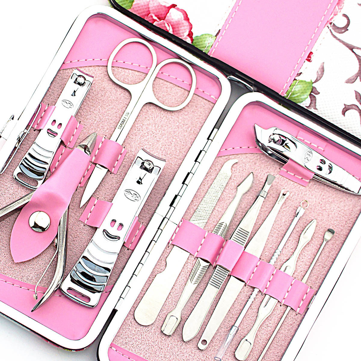 Nail Clipper Set Stainless Steel 12 Piece Pink Flower Nail Scissors Manicure manicure tools rose -12