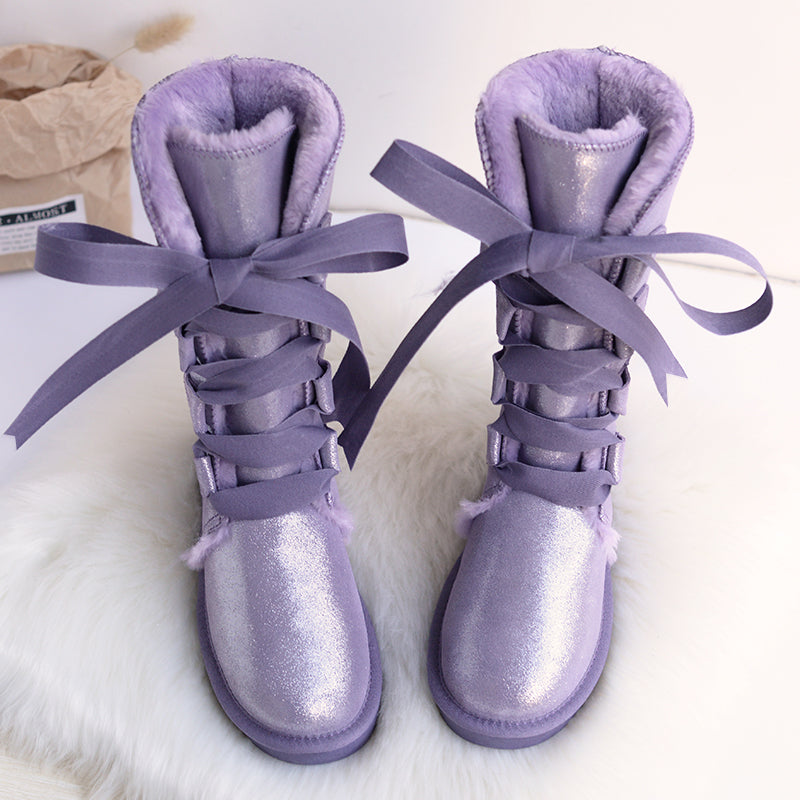 Leather high tube fur snow boots