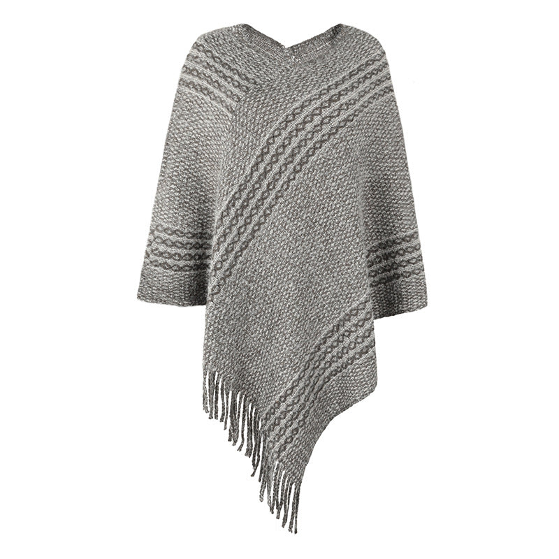 Striped Cape Shawl Fringed Sweater