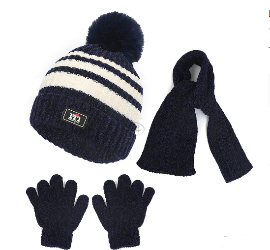 Children's hat, scarf, glove, three piece set, autumn and winter chenille plush insulation and thick knitted hat set