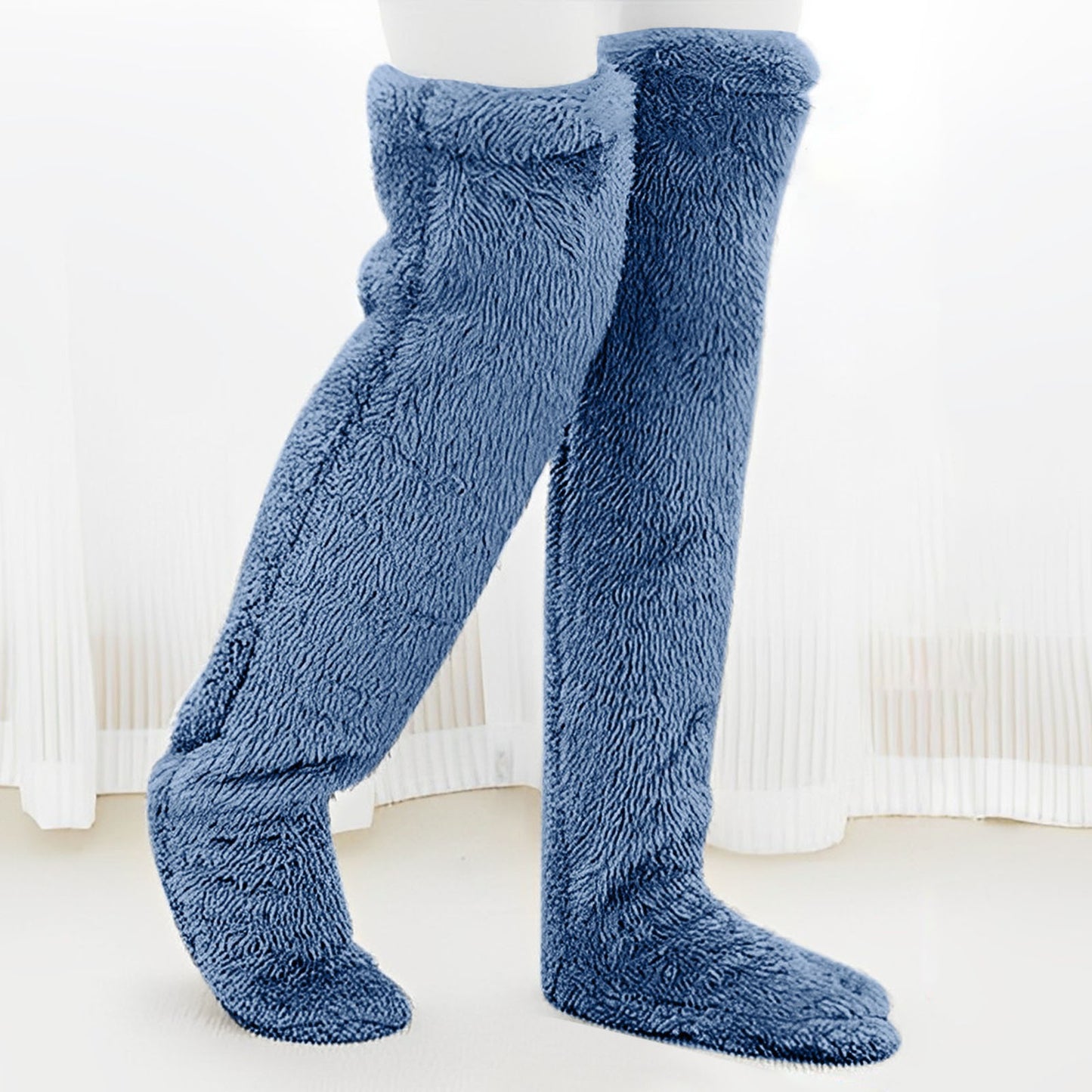 PlushCharm: Indoor plush warmth with long socks, fuzzy over-knee leg warmers, and cozy stocking slippers for winter comfort.