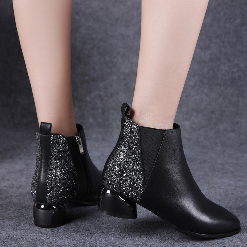 Mid-heel leather chunky heel ankle boots