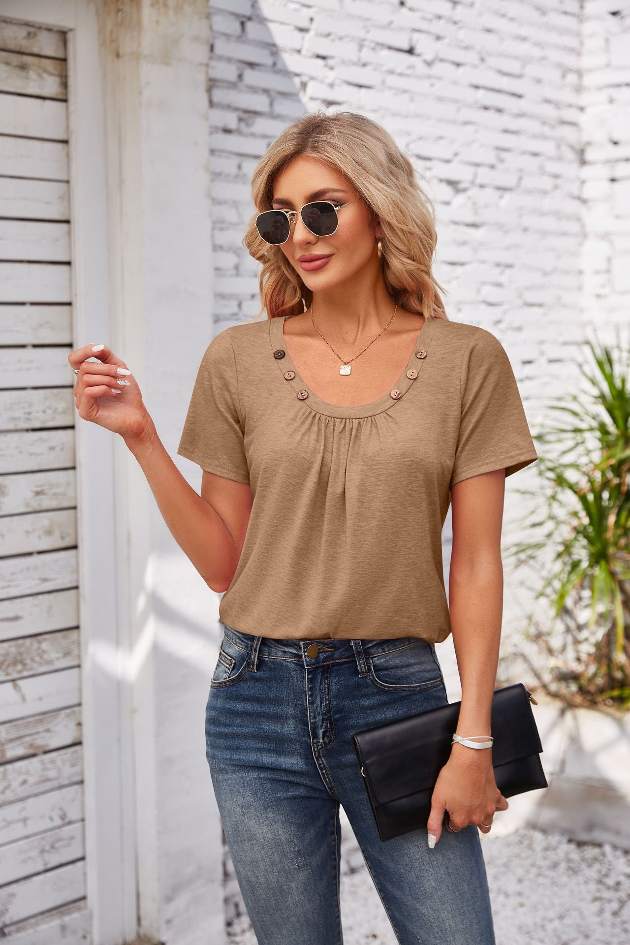 Effortless Lady: Women's Summer Button Square Collar Pleated Design Short-sleeved T-shirt