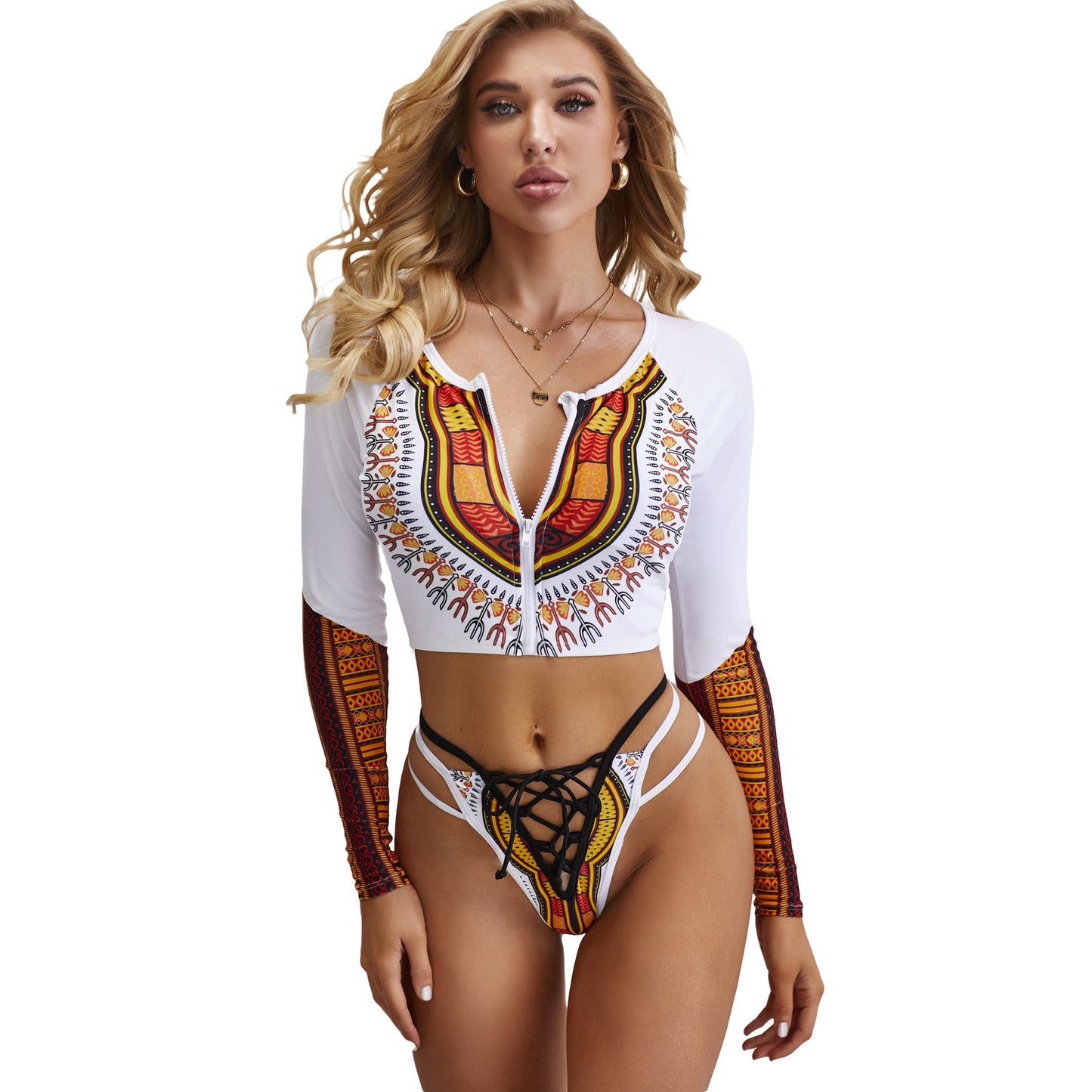 Printed Swimsuit Two-piece National Style Swimsuit With Long Sleeves