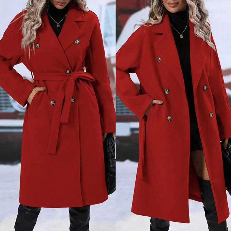 Zeitlose Dame: Einfarbiger Trenchcoat für Damen mit Polokragen, verdickt, mit Schnürung und zweireihig für einen stylischen Look.