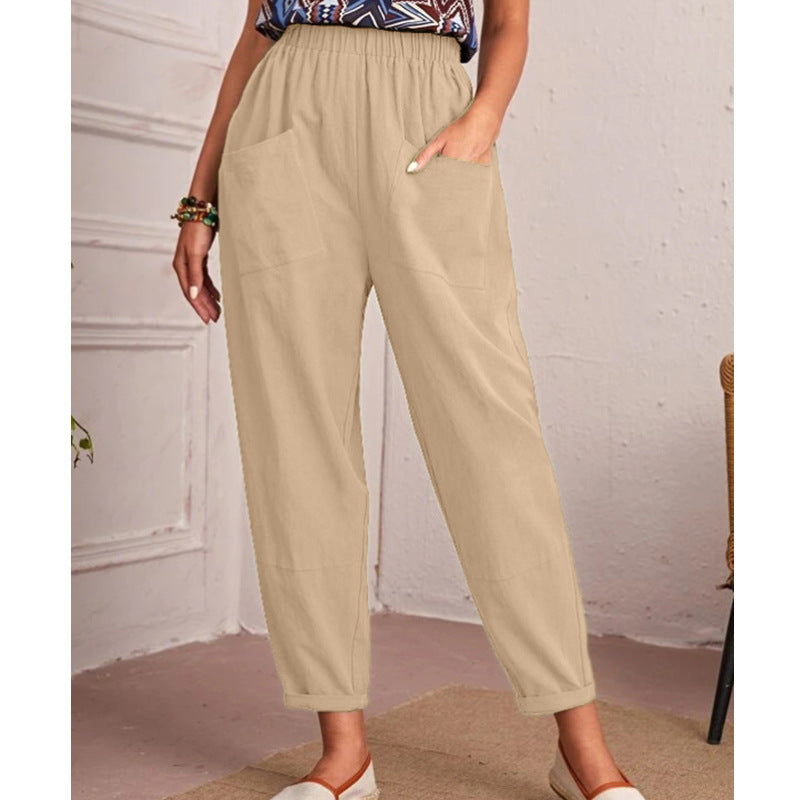 Women's Cotton Linen Elastic-waist Casual Pants