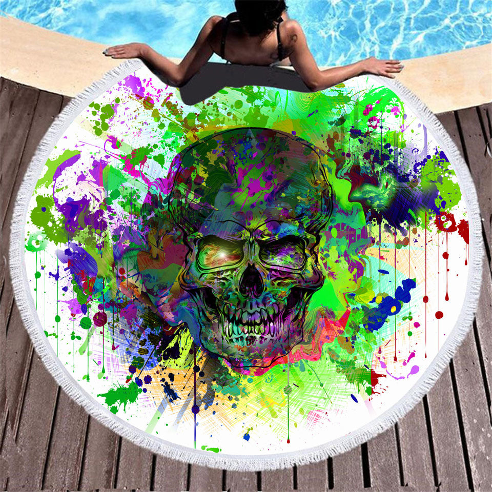 Skull print with tassel round beach towel