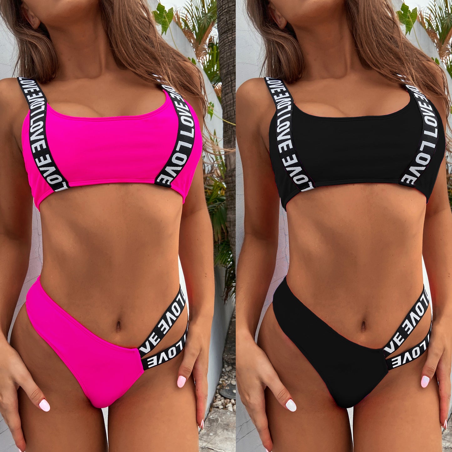 Solid Color Strap Split Swimsuit Sexy Bikini