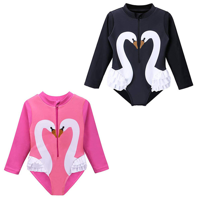 Girls' Swimsuit Swan Zipper Long Sleeves