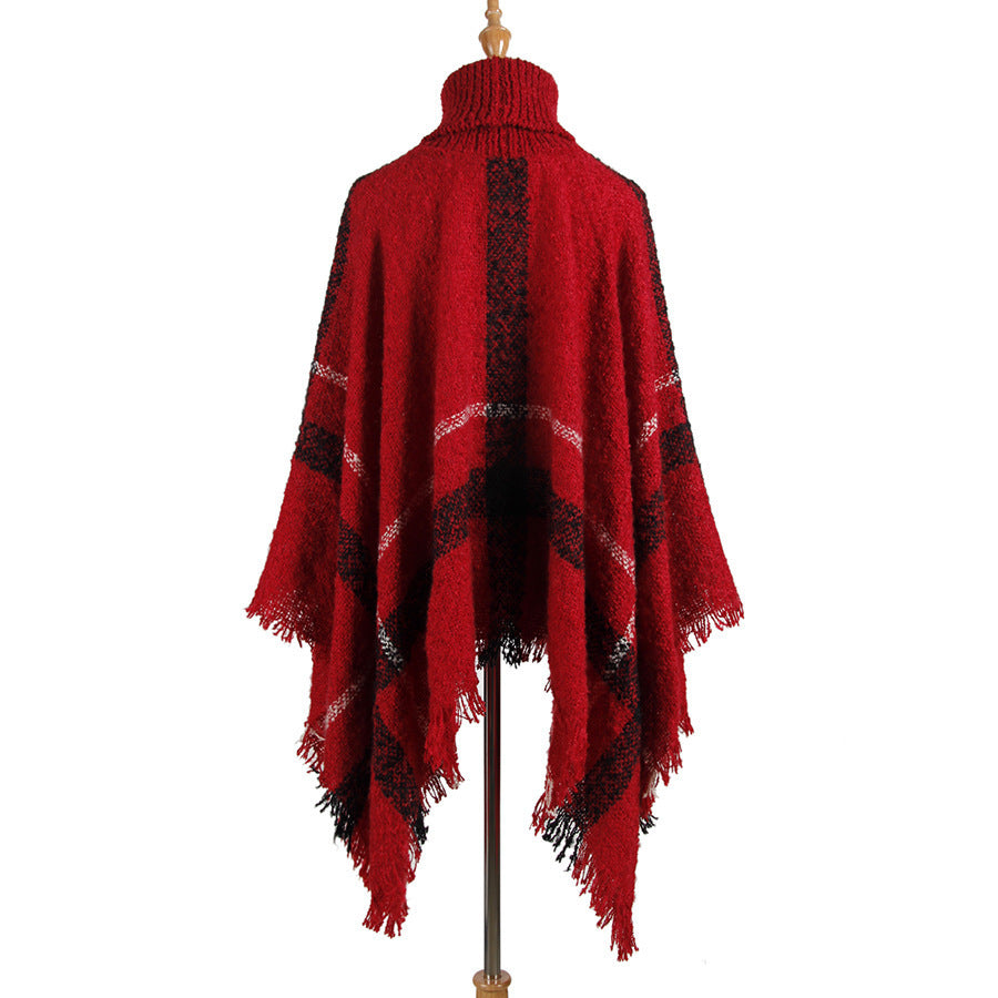 High collar fringed cloak shawl