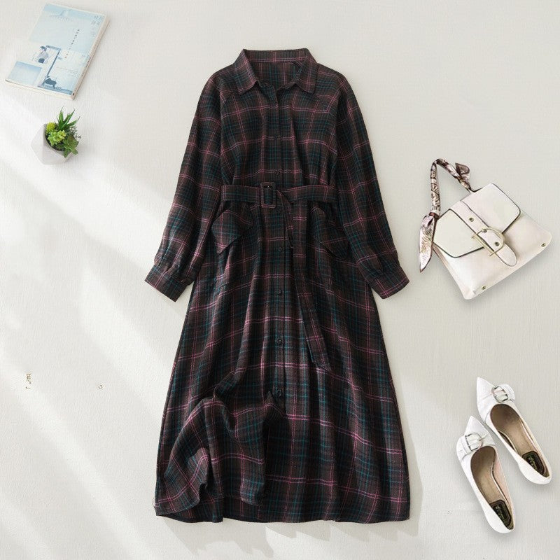 BritPlaid: British-style plaid lace-up waist slimming shirt coat, a retro dress for women with a touch of elegance.