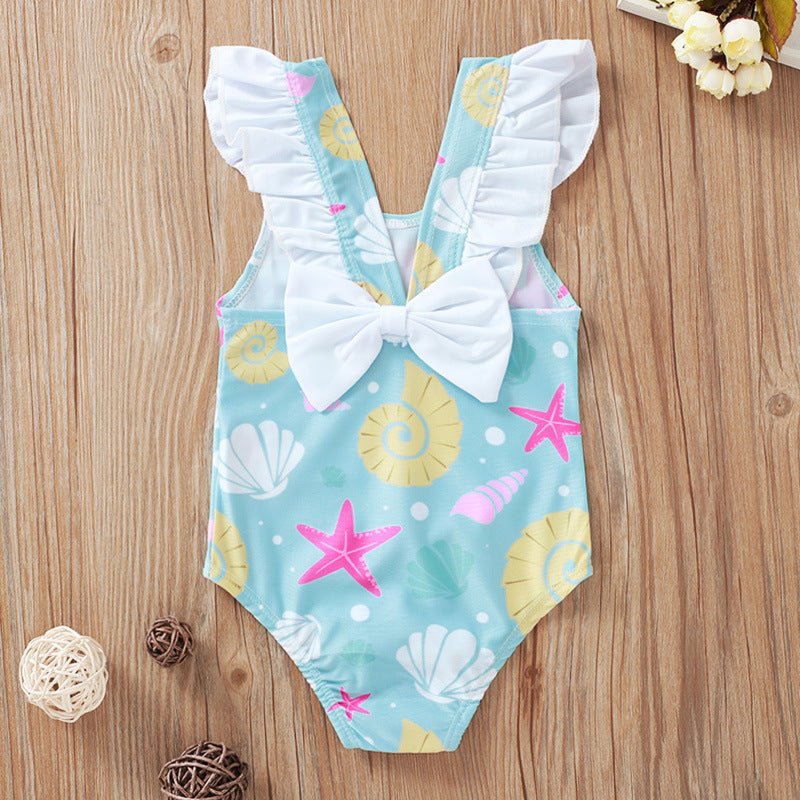 Shell print bow swimsuit