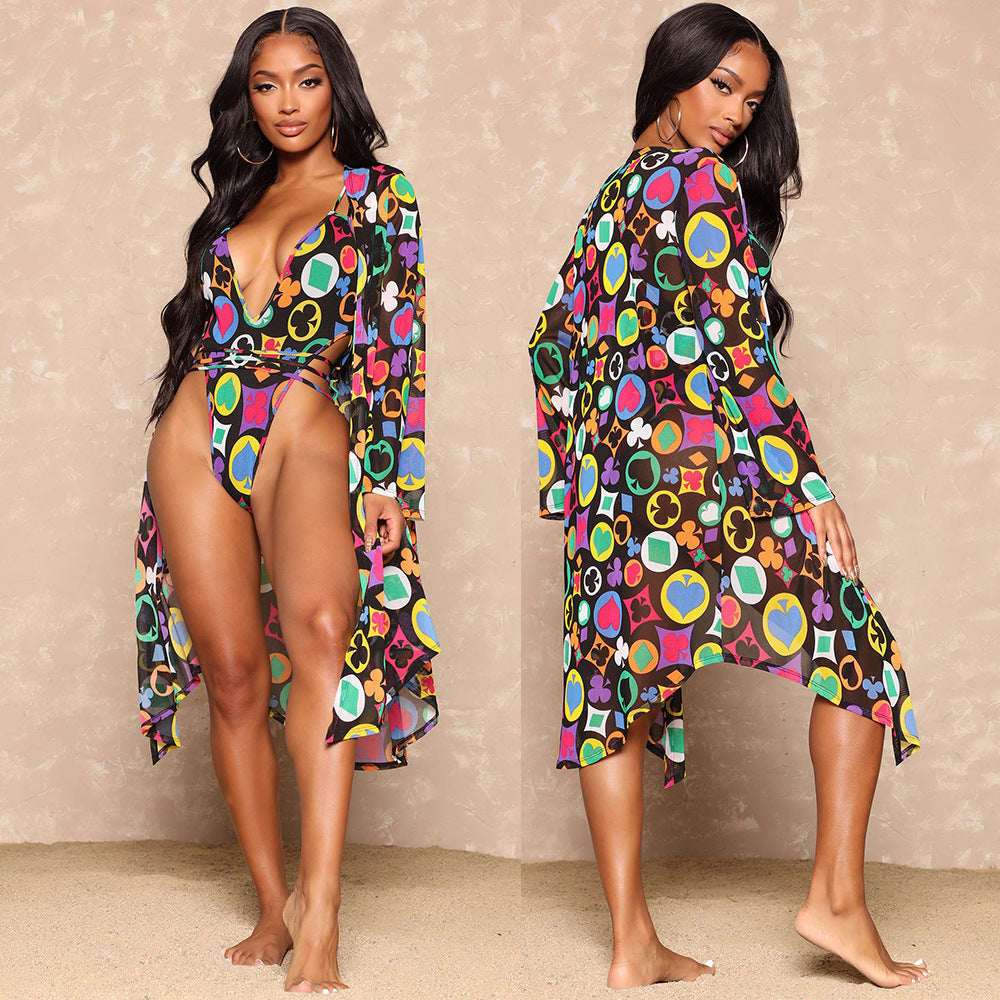 Women's V-Neck Mesh Print Swimsuit Ladies Two Piece Shawl