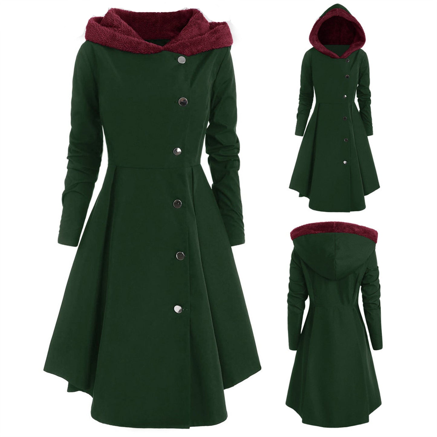 FestiveFlare: Bombshell-Weihnachts-Trenchcoat für Damen, ein langer Mantel mit Kapuze für einen stylischen und fröhlichen Look.