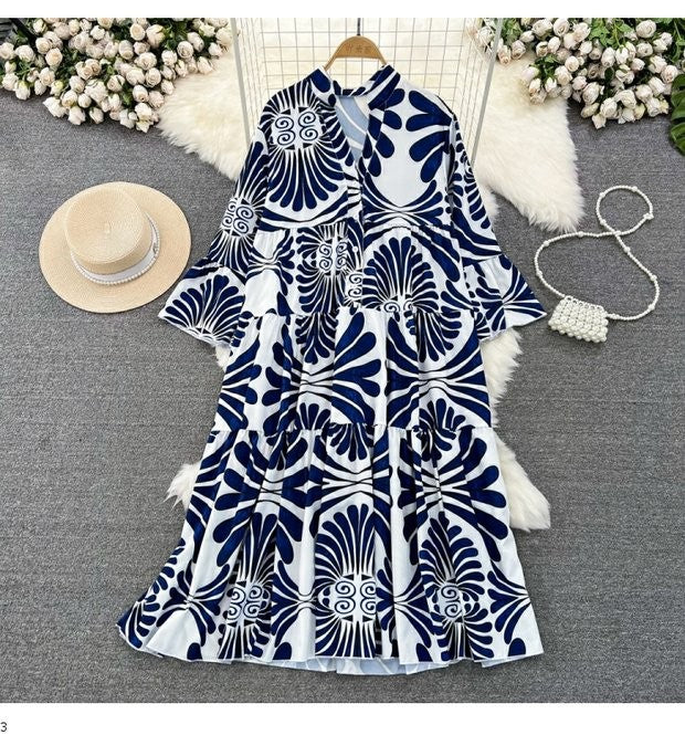 Summer Women's Retro Flared Long Sleeve V-neck Printed Dress