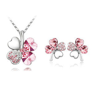 Four-leaf clover crystal necklace earrings